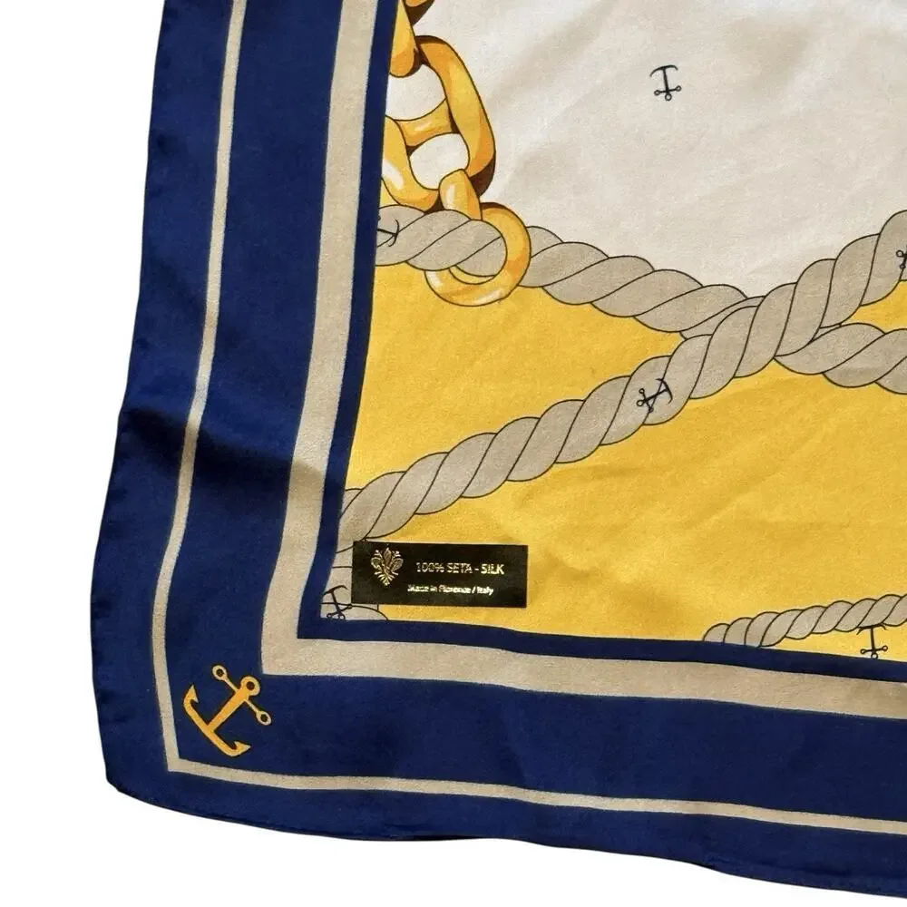 Nautical Anchor Rope Chain 100% Silk Square Scarf Navy Yellow White Classic 27”